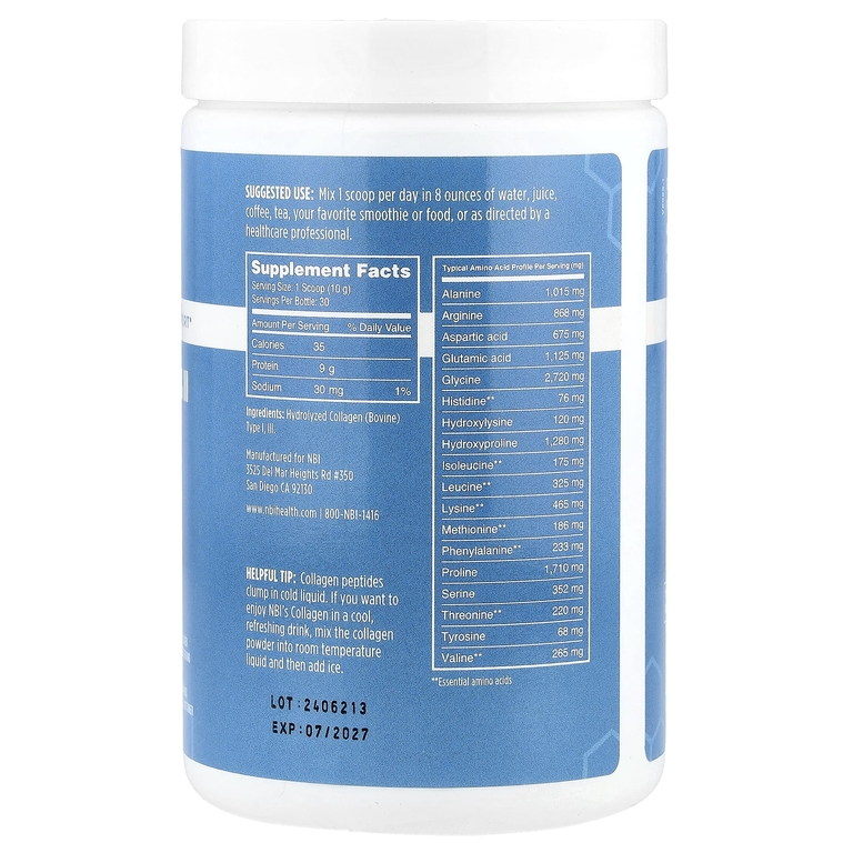 NBI Health, гидролизованный коллаген типов I и III, без добавок, 300 г (10,58 унции)