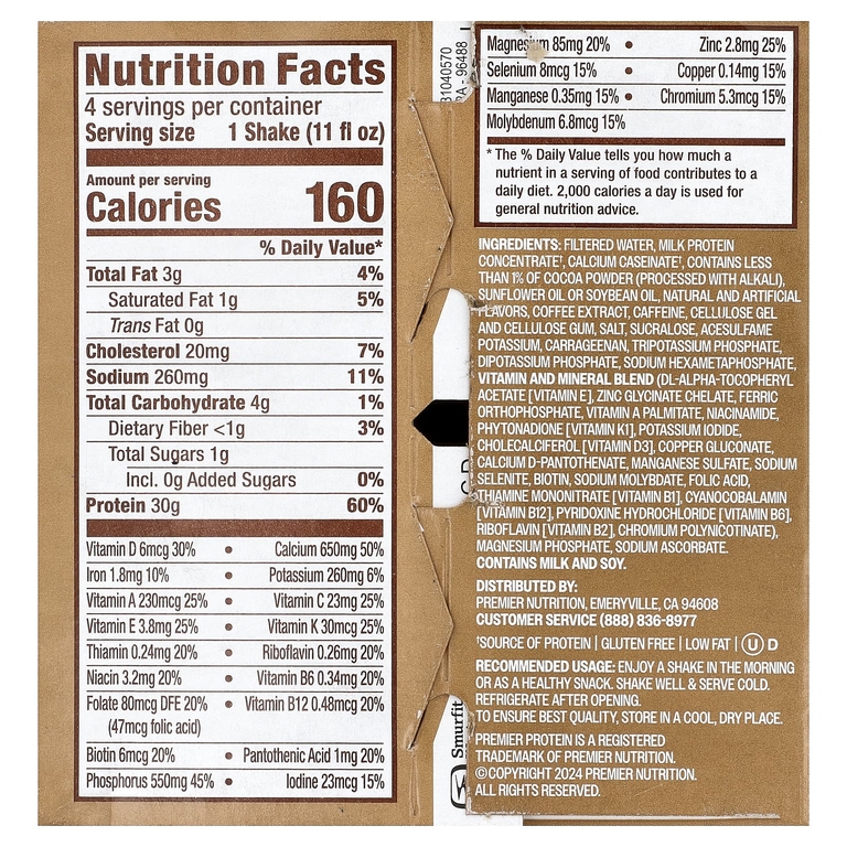 Premier Protein, высокопротеиновый коктейль, со вкусом кофе латте, 4 шт. по 325 мл (11 жидк. унций) (Товар снят с продажи) 