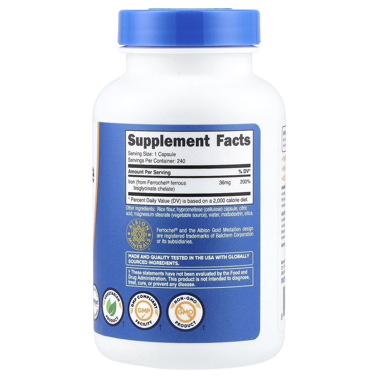 Nutricost, хелат железа из Ferrochel®, 36 мг, 240 капсул