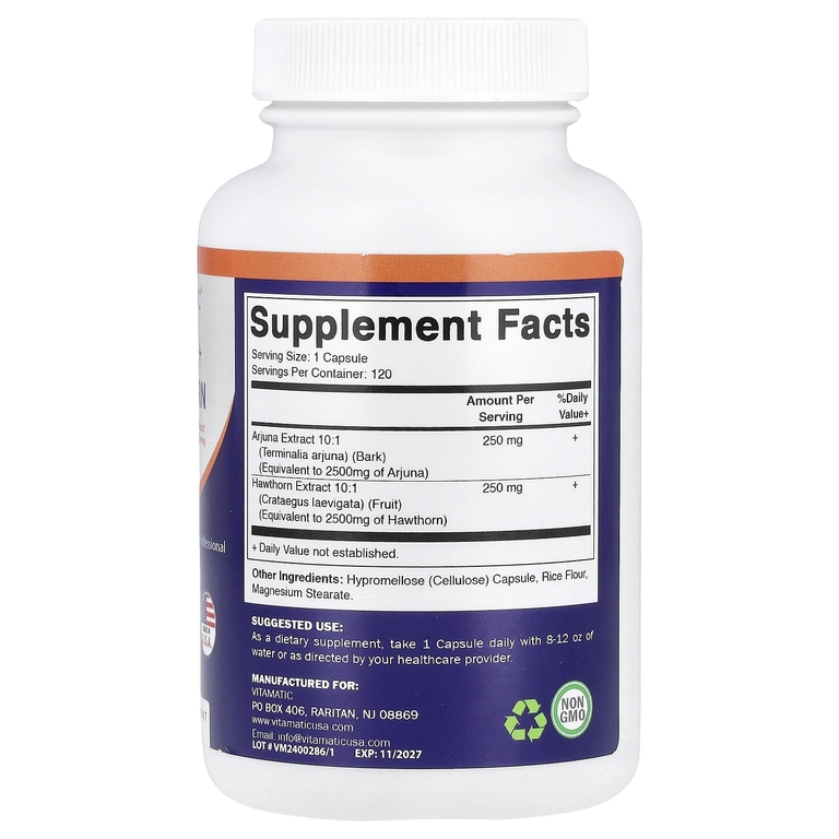 Vitamatic, арджуна и боярышник, 120 растительных капсул