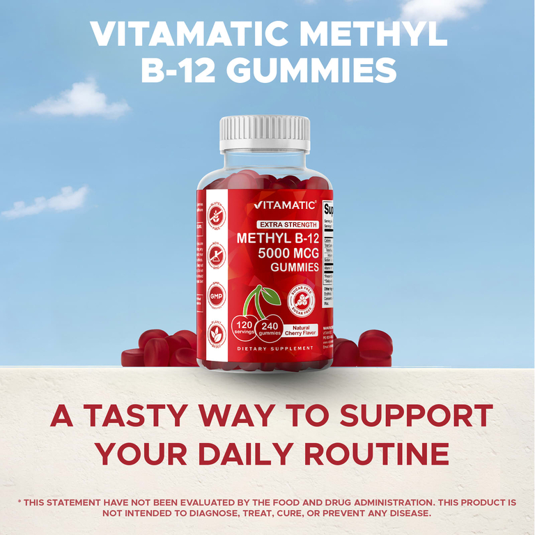 Vitamatic, метилкобаламин B12, со вкусом натуральной вишни, без сахара, 240 жевательных таблеток (2500 мг в 1 жевательной таблетке)