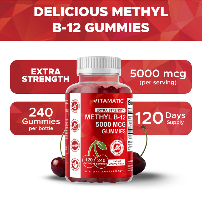 Vitamatic, метилкобаламин B12, со вкусом натуральной вишни, без сахара, 240 жевательных таблеток (2500 мг в 1 жевательной таблетке)