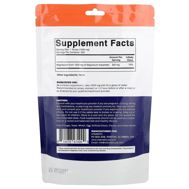 Vitamatic, аспартат магния в порошке, 250 г (8,8 унции)