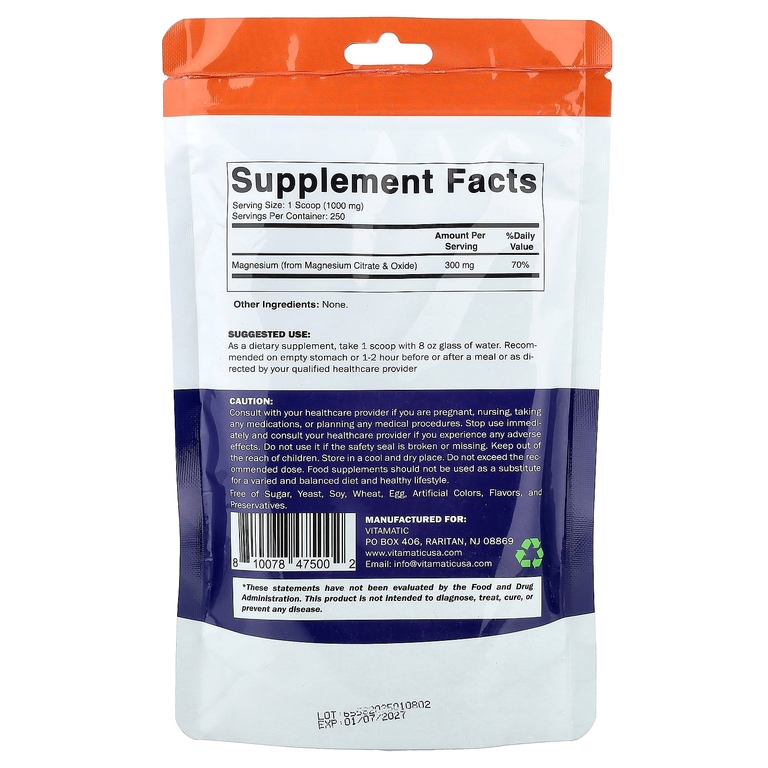 Vitamatic, цитрат магния в порошке, 250 г (8,8 унции)