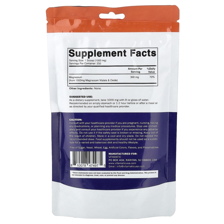 Vitamatic, малат магния в порошке, 250 г (8,8 унции)