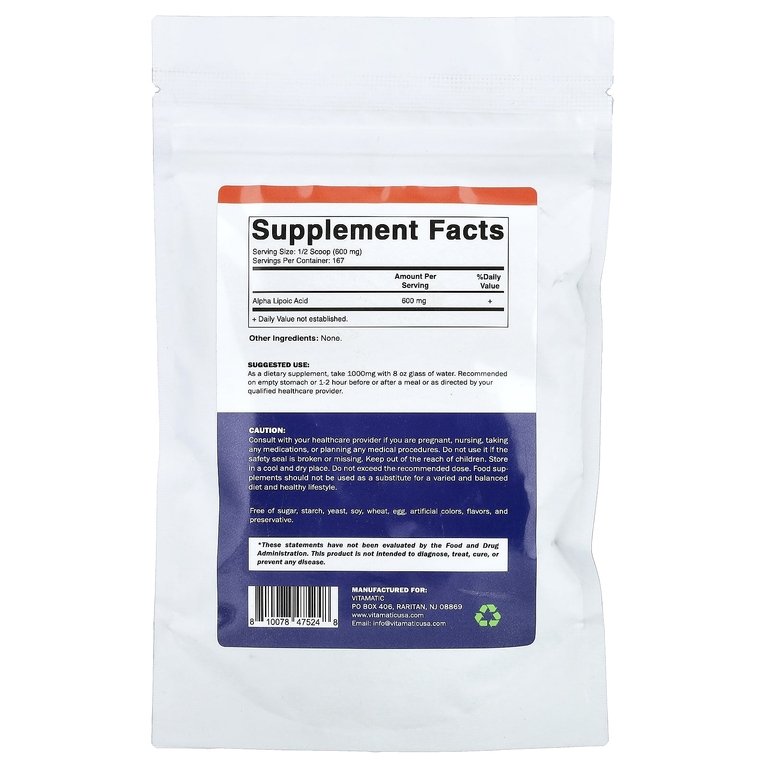 Vitamatic, альфа-липоевая кислота, 100 г (3,5 унции)