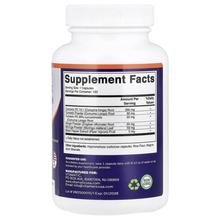 Vitamatic, куркумин из куркумы, имбирь, моринга и черный перец, 120 вегетарианских капсул