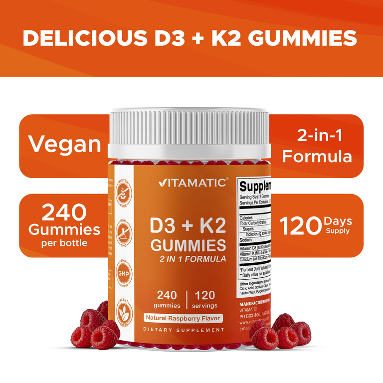 Vitamatic, D3 и K2, жевательные таблетки, со вкусом натуральной малины, 240 жевательных таблеток