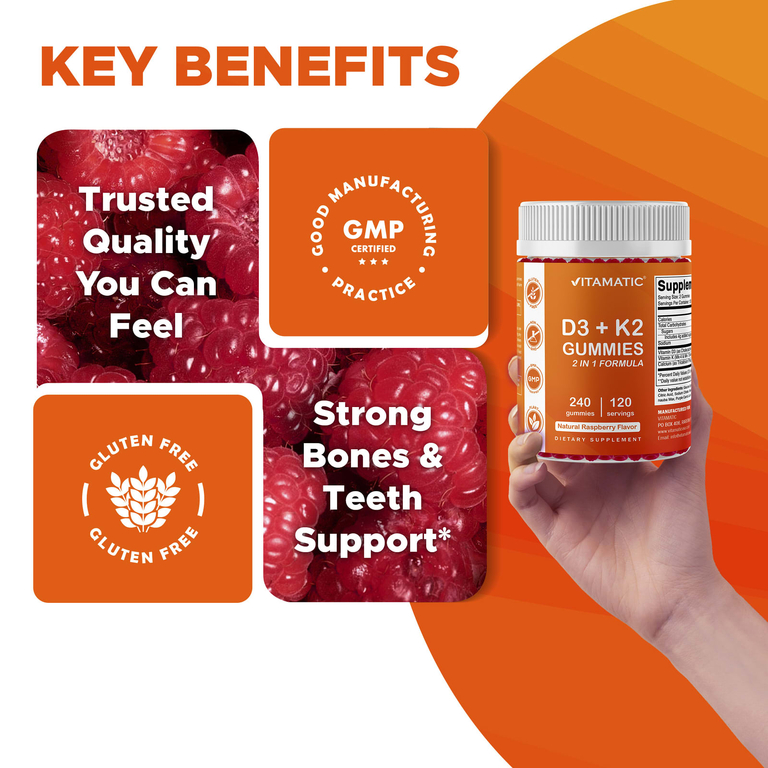 Vitamatic, D3 и K2, жевательные таблетки, со вкусом натуральной малины, 240 жевательных таблеток