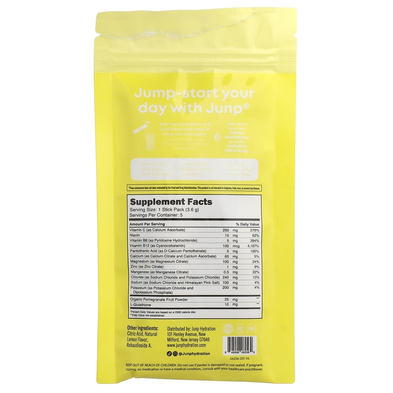 JUNP Hydration, электролитная порошковая смесь, со вкусом лимона, 5 пакетиков по 3,6 г (0,13 унции)