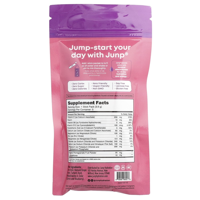JUNP Hydration, электролитная порошковая смесь, со вкусом винограда, 5 пакетиков по 3,6 г (0,13 унции) (Товар снят с продажи) 