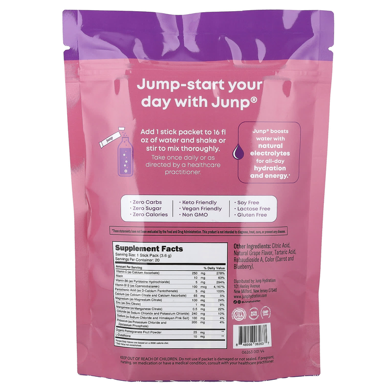 JUNP Hydration, электролитная порошковая смесь, со вкусом винограда, 20 пакетиков по 3,6 г (0,13 унции)