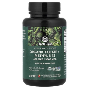 PlantFusion, веганские цельные продукты, органические фолаты и метил B12, со вкусом натуральных ягод, 60 пастилок