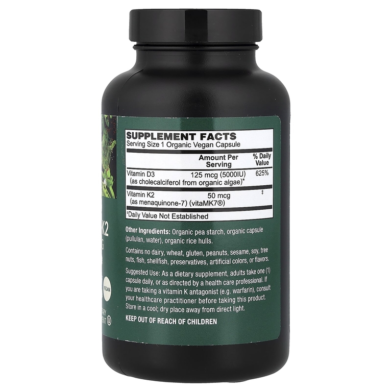PlantFusion, органические веганские витамины D3 и K2, 120 органических растительных капсул