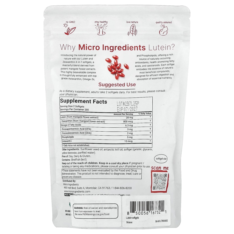 Micro Ingredients, лютеин с зеаксантином, 400 мягких таблеток