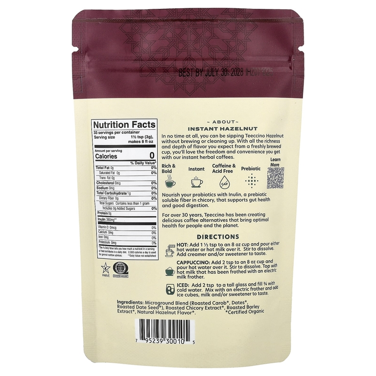 Teeccino, растворимый травяной кофе, фундук, средней обжарки, без кофеина, 100 г (3,53 унции)