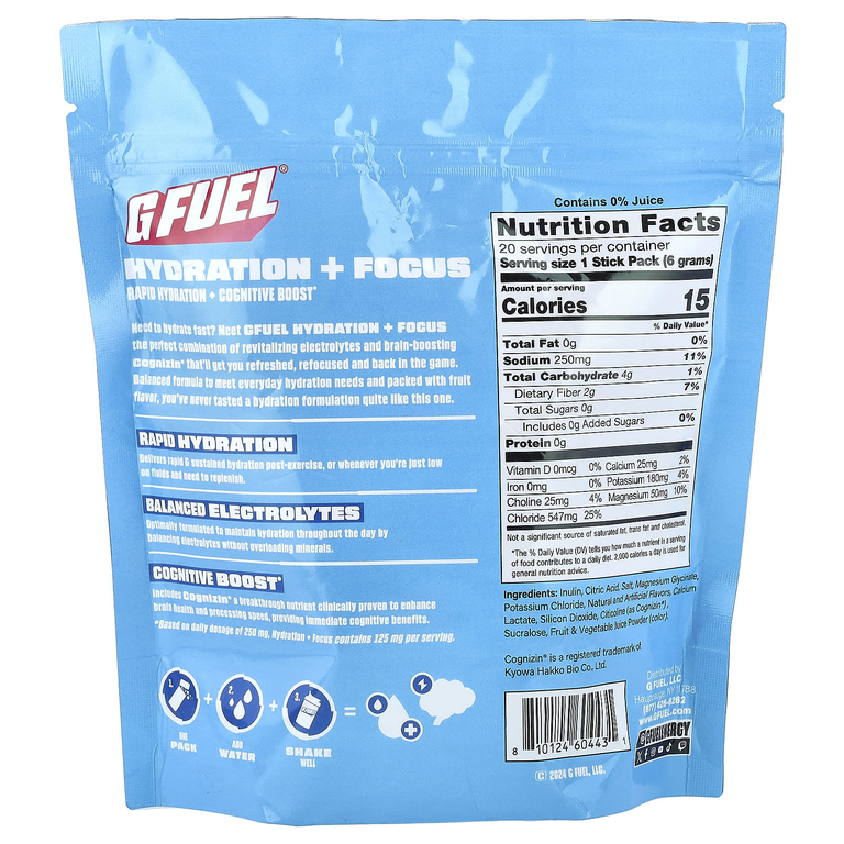 GFUEL, Hydration + Focus, смесь для приготовления электролитического напитка с Cognizin®, со вкусом клубники, 20 пакетиков-стиков по 6 г (0,21 унции)
