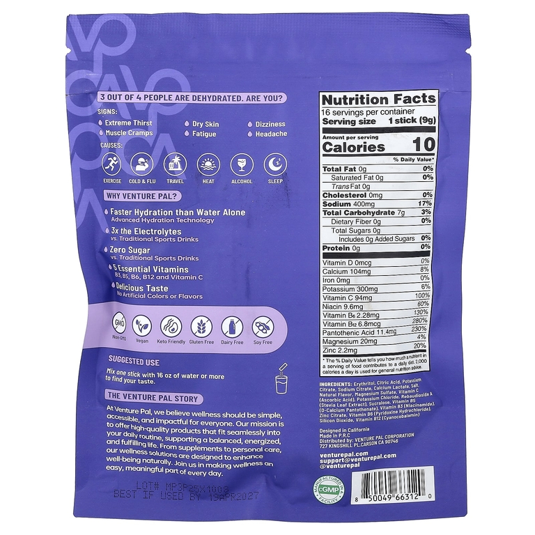 Venture Pal, Hydration Boost, смесь для приготовления электролитического напитка, со вкусом винограда, 16 пакетиков по 9 г (0,32 унции)