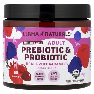 Llama Naturals, пребиотики и пробиотики для взрослых, настоящие фруктовые жевательные таблетки, вкус ягод, 60 жевательных таблеток