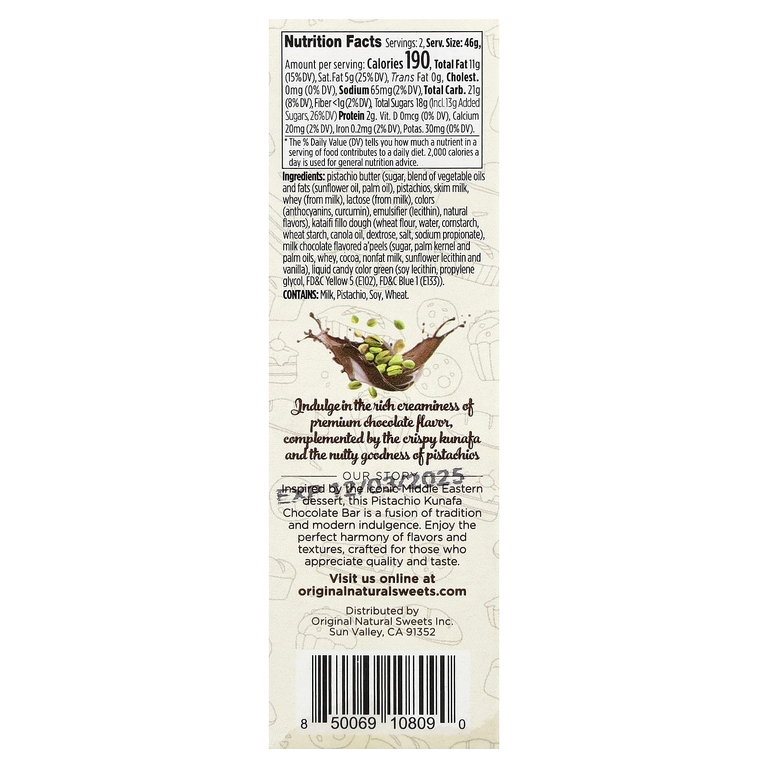 Original Natural Sweets, дубайский молочный шоколад, 91 г (3,2 унции)