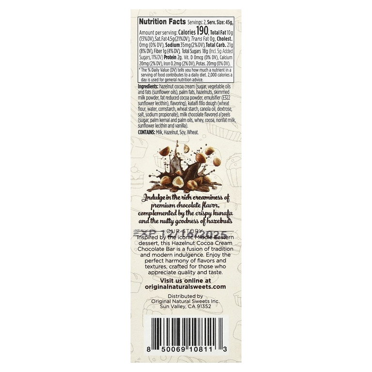 Original Natural Sweets, дубайский батончик с фундуком, какао-кремом, 91 г (3,2 унции)