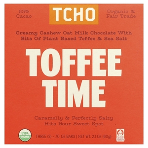 TCHO, Toffee Time, шоколад из овсяного молока с ирисом и морской солью, 53% какао, 3 батончика по 0,70 унции