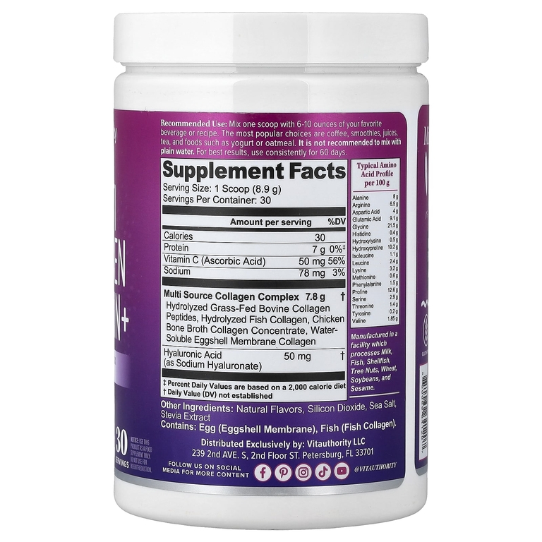 Vitauthority, Collagen Protein+, коллаген нескольких типов, с ванильным вкусом, 267 г (9,42 унции)