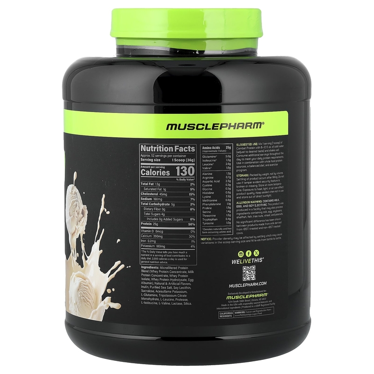 MusclePharm, Combat®, протеиновый порошок, со вкусом ванильного мороженого, 1,84 кг (4,1 фунта)