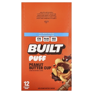 Built, Puff, протеиновые батончики, чашка арахисовой пасты, 12 батончиков, 40 г (1,41 унции) каждый