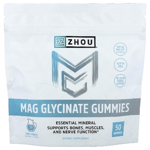 Zhou Nutrition, жевательный глицинат магния, со вкусом фруктового пунша, 50 жевательных таблеток (50 мг в 1 жевательной таблетке)