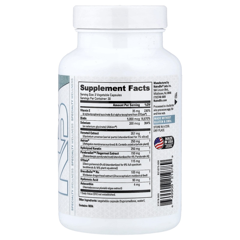NutraBio, волосы, кожа и ногти, 90 капсул
