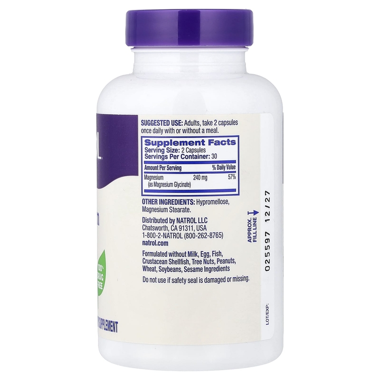 Natrol, глицинат магния, высокая степень усвояемости, 60 капсул (120 мг в 1 капсуле)