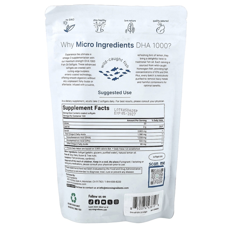 Micro Ingredients, ДГК 1000, со вкусом лимона, 200 капсул, покрытых кишечнорастворимой оболочкой