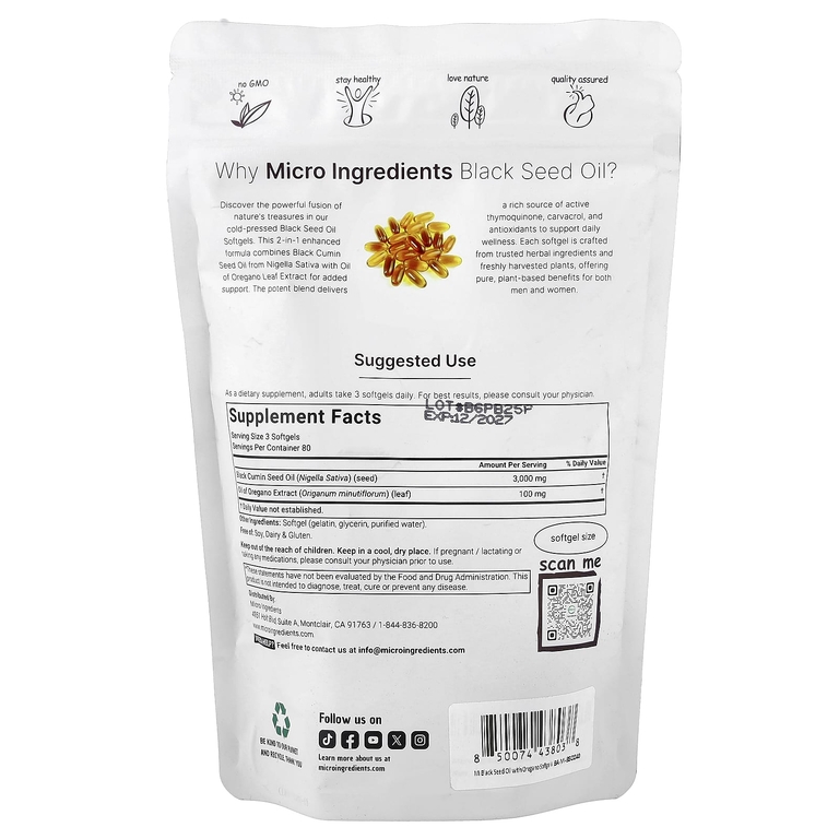 Micro Ingredients, масло чёрного тмина с маслом орегано, 240 капсул