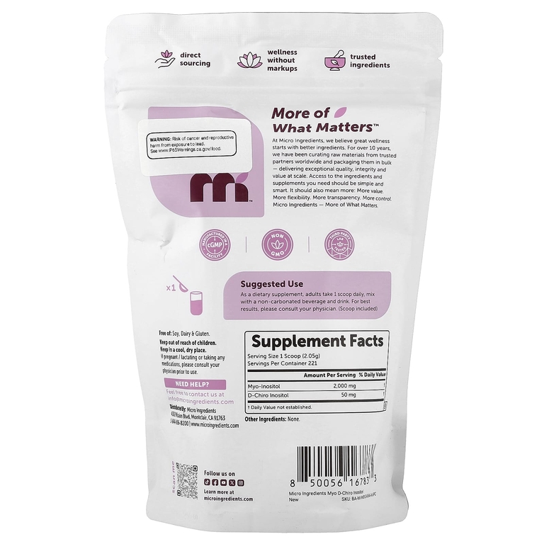 Micro Ingredients, мио- и D-хироинозитол в порошке, 454 г (1 фунт)