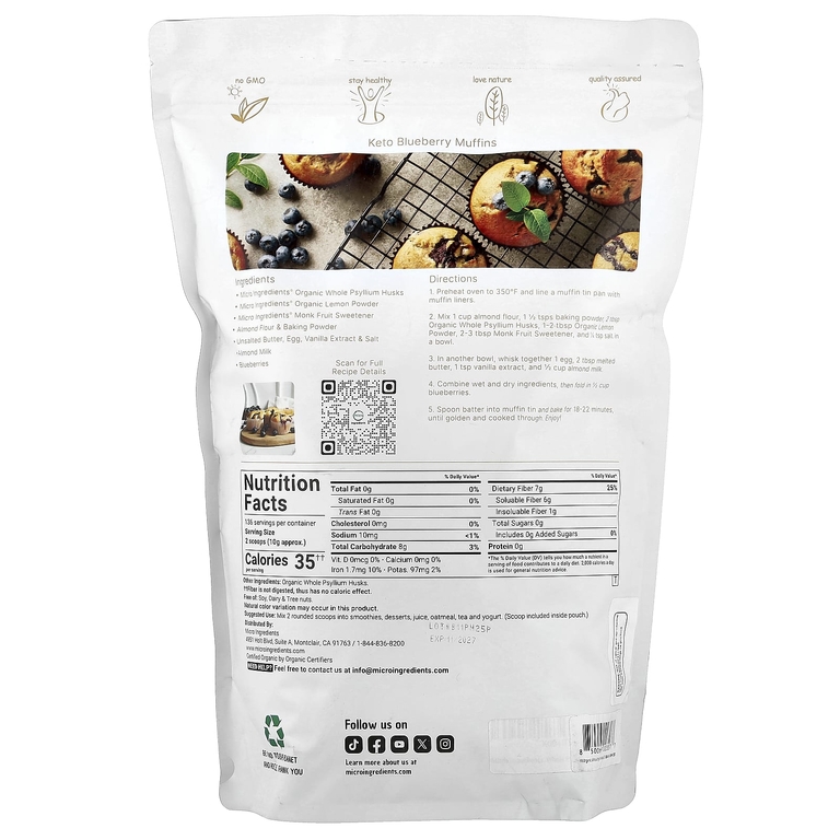 Micro Ingredients, органическая цельная шелуха семян подорожника, 1360 г (3 фунта)