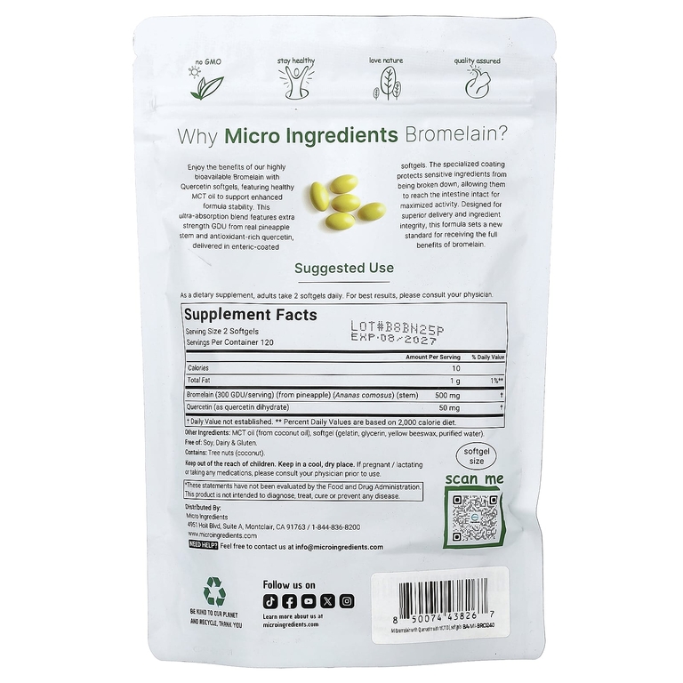 Micro Ingredients, Бромелаин с кверцетином,   240 мягких капсул