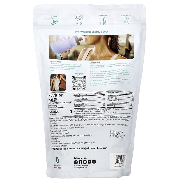 Micro Ingredients, электролитный напиток в порошке, со вкусом винограда, 907 г (2 фунта)