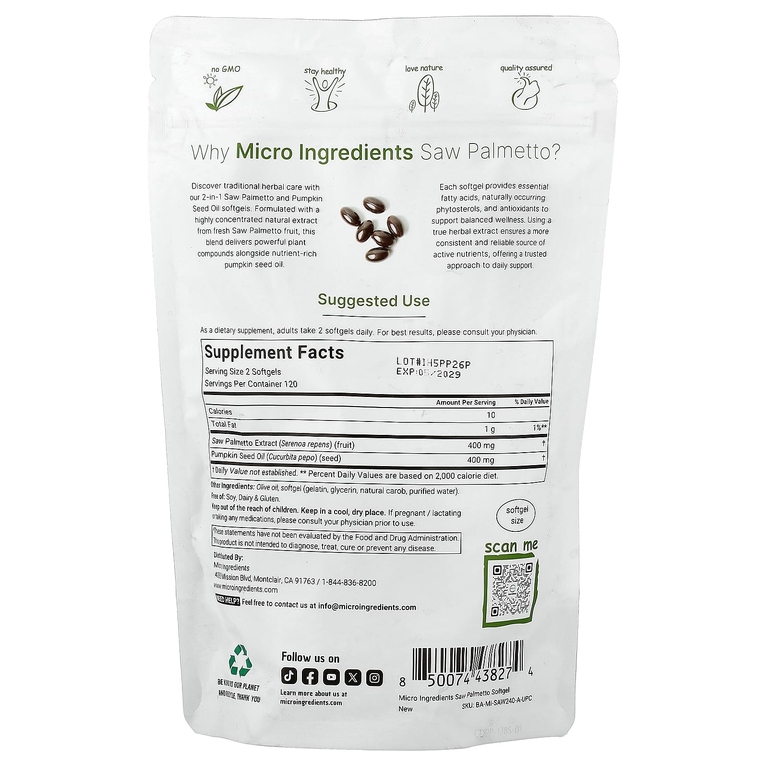 Micro Ingredients, сереноя с маслом семян тыквы, 240 капсул