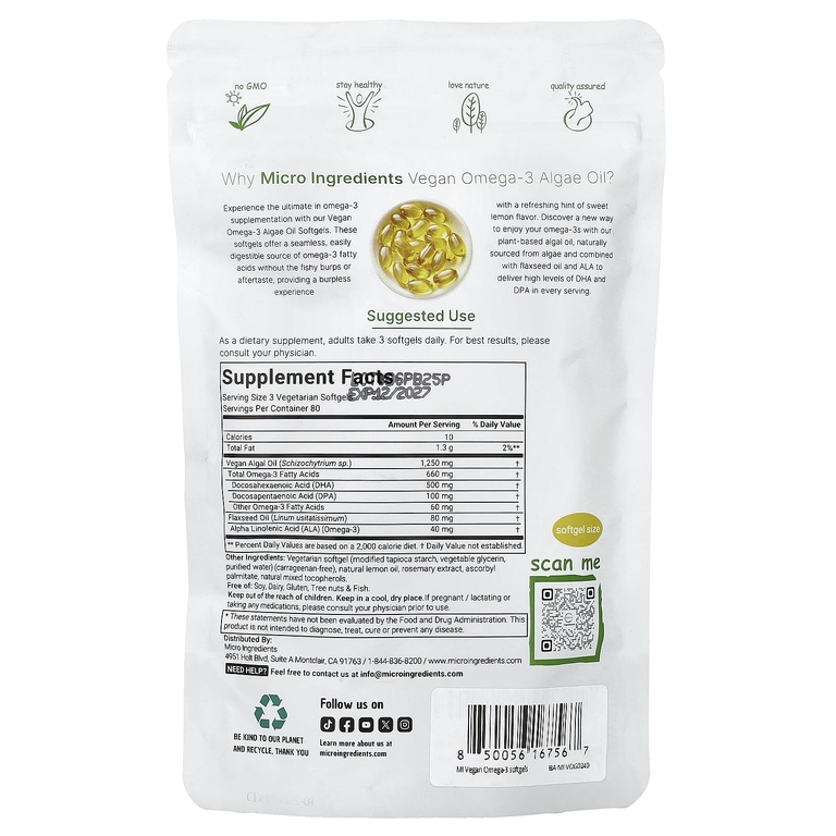 Micro Ingredients, веганское масло из водорослей с омега-3, лимон, 240 вегетарианских капсул