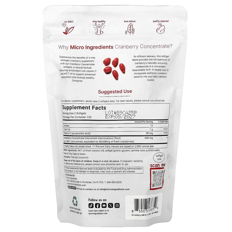 Micro Ingredients, клюквенный концентрат с витамином C, 300 капсул