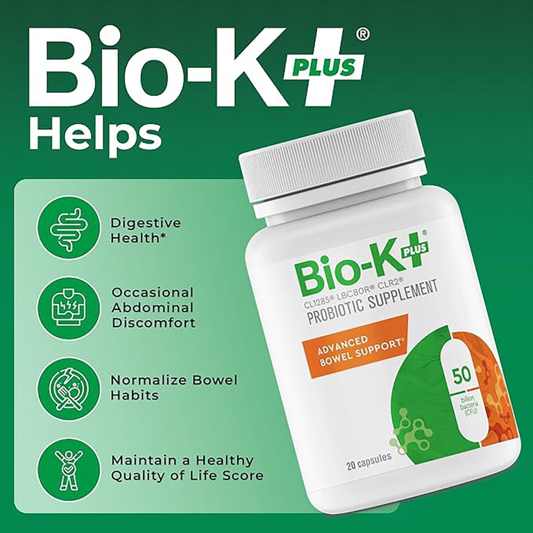 Bio-K+, добавка с пробиотиком, улучшенная поддержка кишечника, 20 капсул