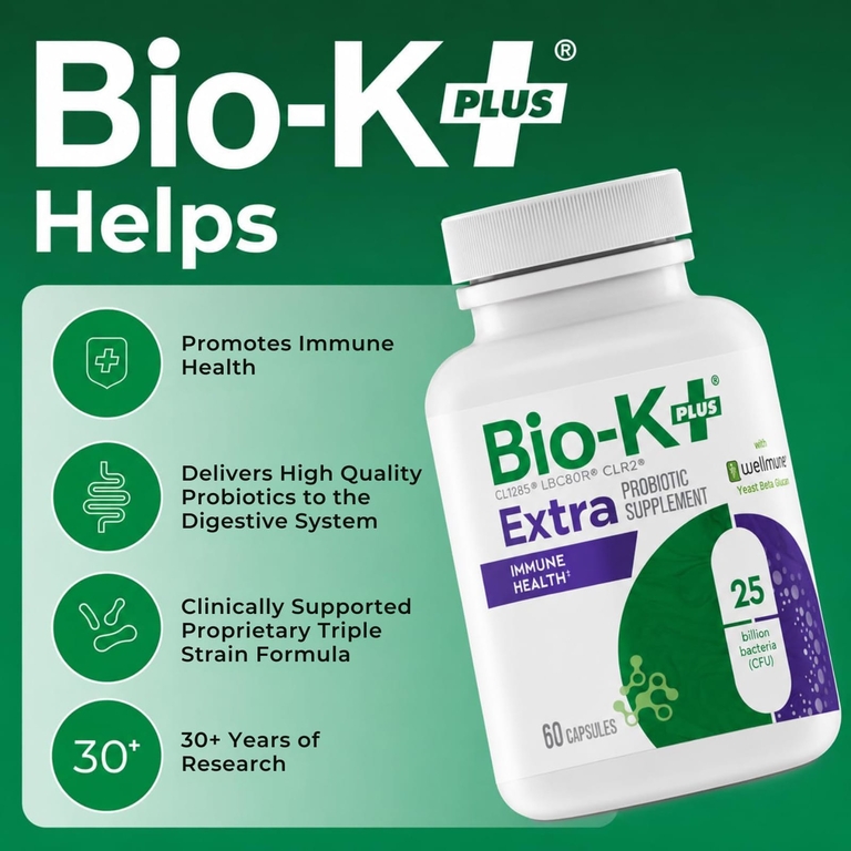 Bio-K+, дополнительная добавка с пробиотиком, для поддержки иммунитета с Wellmune®, 60 капсул
