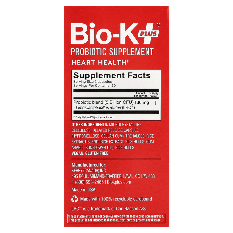 Bio-K+, пробиотическая добавка, для здоровья сердца, 60 капсул