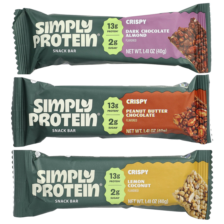 Simply Protein, хрустящие батончики-снеки, ассорти вкусов, 12 батончиков по 40 г (1,41 унции)