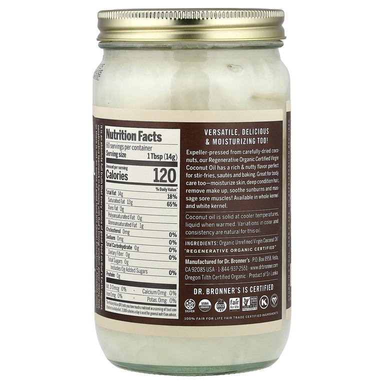 Dr. Bronner's, органическое кокосовое масло первого отжима, из цельных ядер, 887 мл (30 жидк. унций)