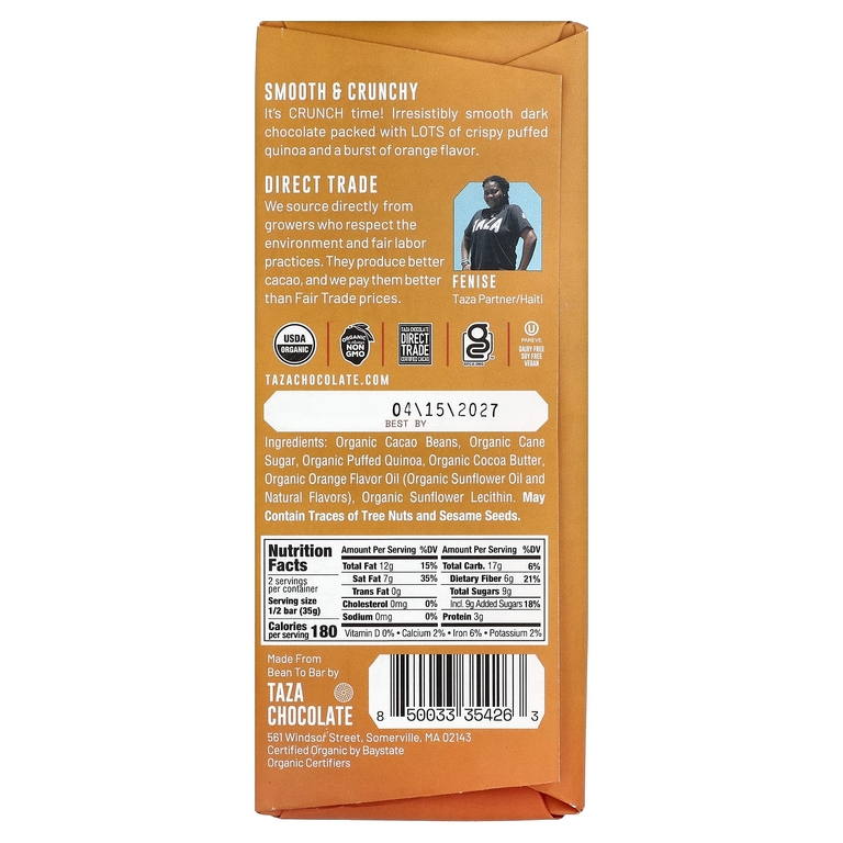 Taza Chocolate, 70% темный шоколад, с апельсиновой хрустящей начинкой, 70 г (2,5 унции)