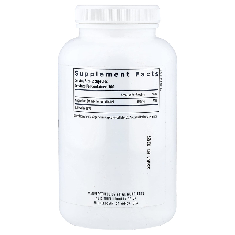 Vital Nutrients, цитрат магния, 200 веганских капсул (150 мг в 1 капсуле)