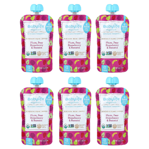 BabyLife Organics, детское питание для детей от 6 месяцев, слива, груша, клубника и банан, 6 паучей по 99 г (3,5 унции)