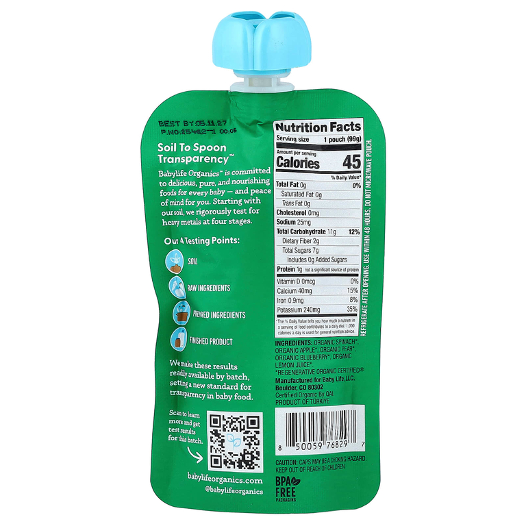 BabyLife Organics, детское питание, для детей от 6 месяцев, шпинат, яблоко, груша и голубика, 6 паучей по 99 г (3,5 унции)